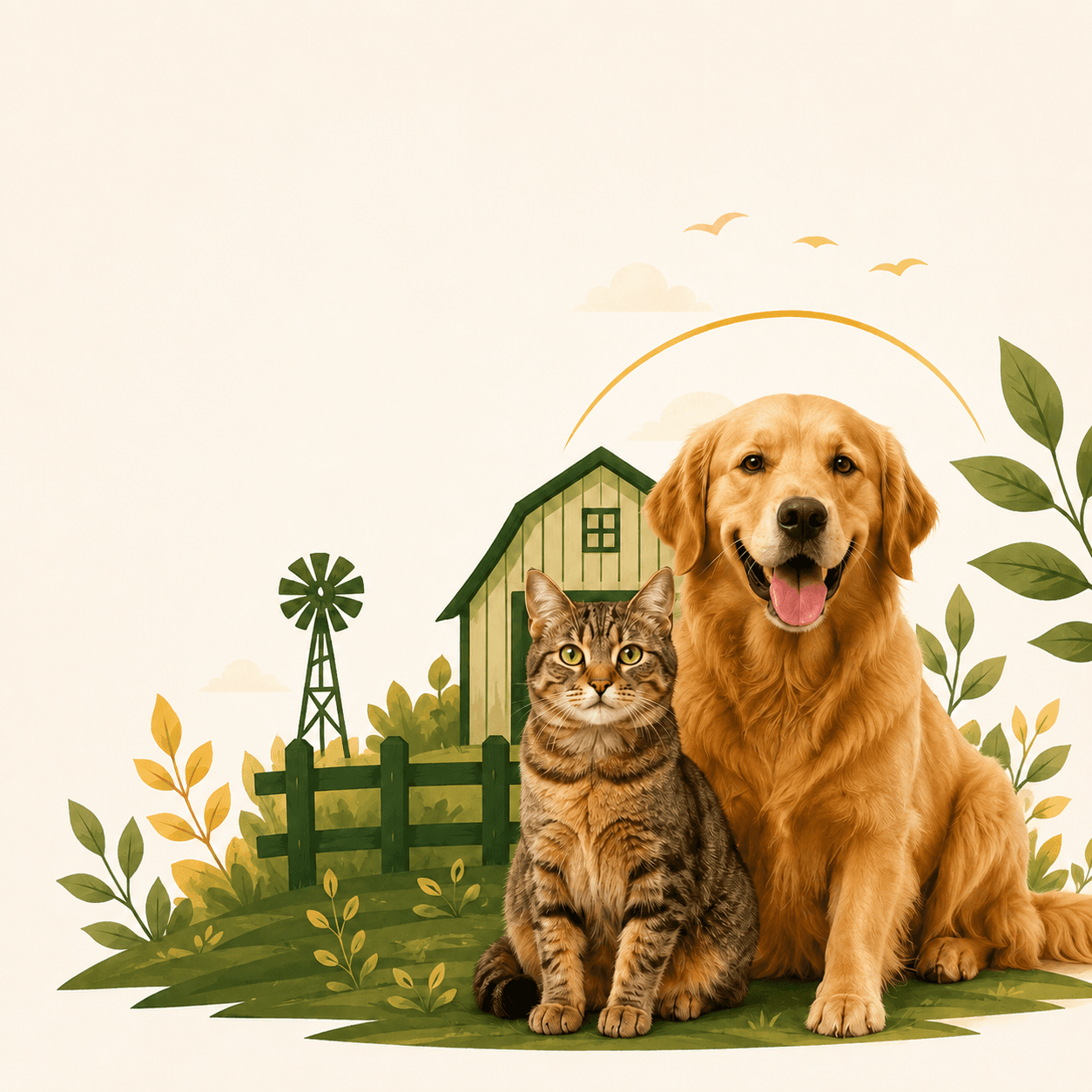 Golden Retriever e gato em uma composição com celeiro, moinho, cerca e folhas.
